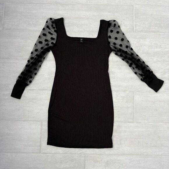 Shein Curve Bodycon Mini Dress Balloon Sleeves Polka Dot Ribbed Black 0XL - Picture 1 of 7